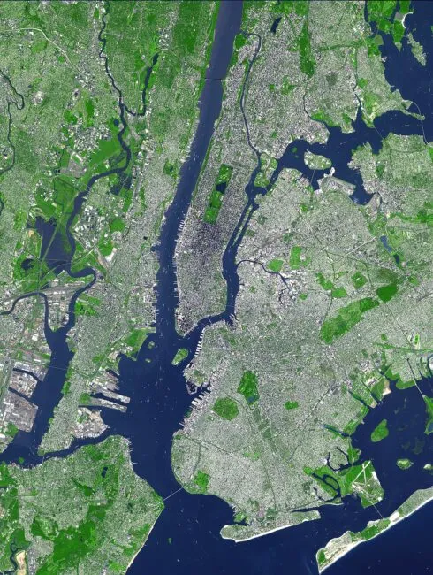 An aerial view of NYC / a false-color satellite image