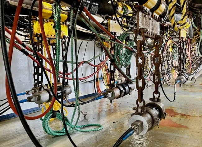 Photo of hanging chains and cables that attache to metal air guns.