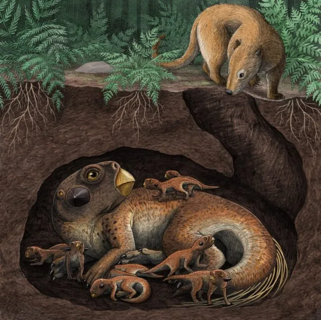 dinosaur with babies in a burrow with a mammal at surface