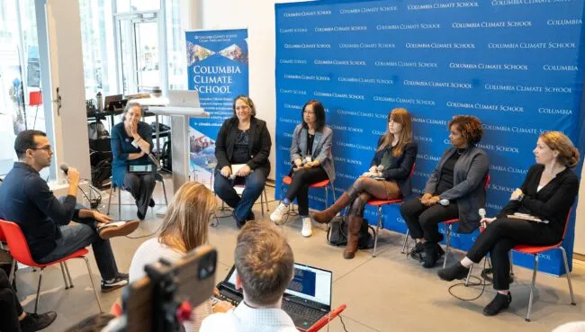 Foundations panelists, from left to right: Ruth DeFries; Vicki Ferrini; Mingfang Ting; Kara Lamb; Sheila Foster; Lisa Sachs