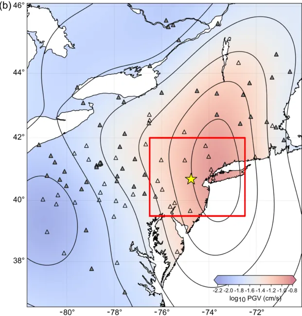 Map of earthquake motion in US Northeast