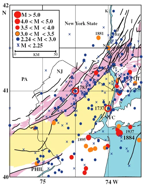 Map of US Northeast earthquakes