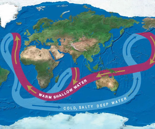 Stylized map of globe with ocean current arrows showing circulation patterns, mostly across the Southern Hemisphere