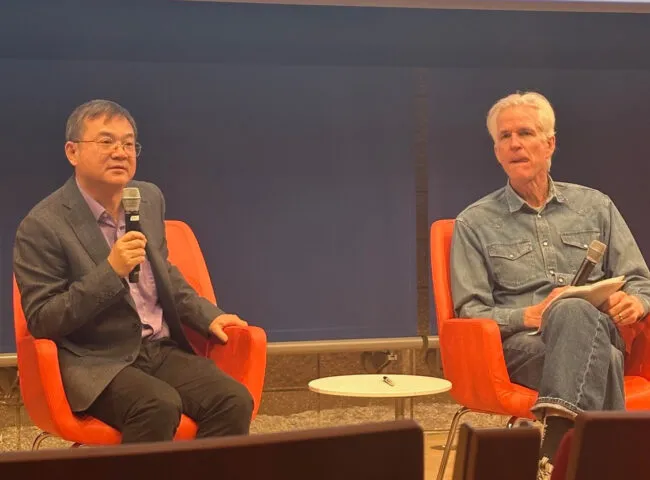 Lamont's Beizhan Yan, left, and actor-filmmaker Matthew Modine talk water at the Water Film Festival
