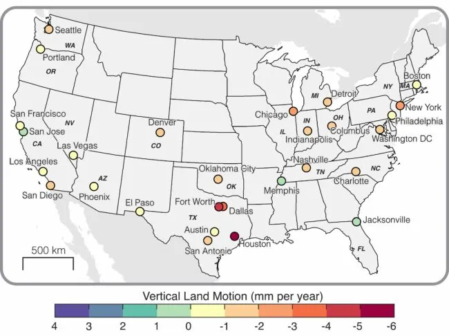 A map of the sinking US cities