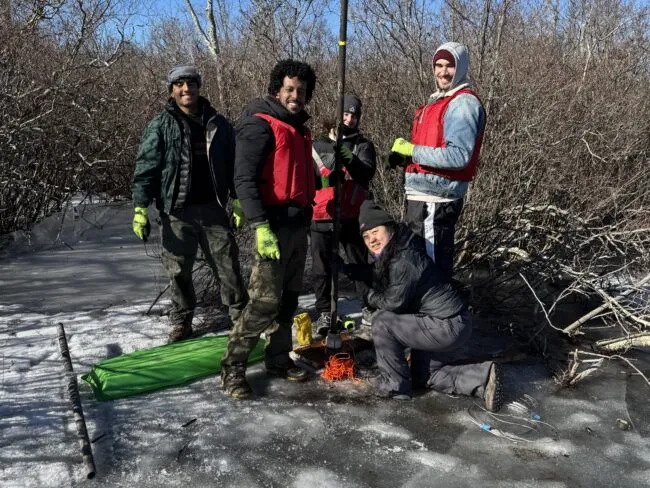 Coring expedition in Budd Lake, NJ, February 1, 2025. Credit: Dorothy Peteet, Lamont-Doherty Earth Observatory