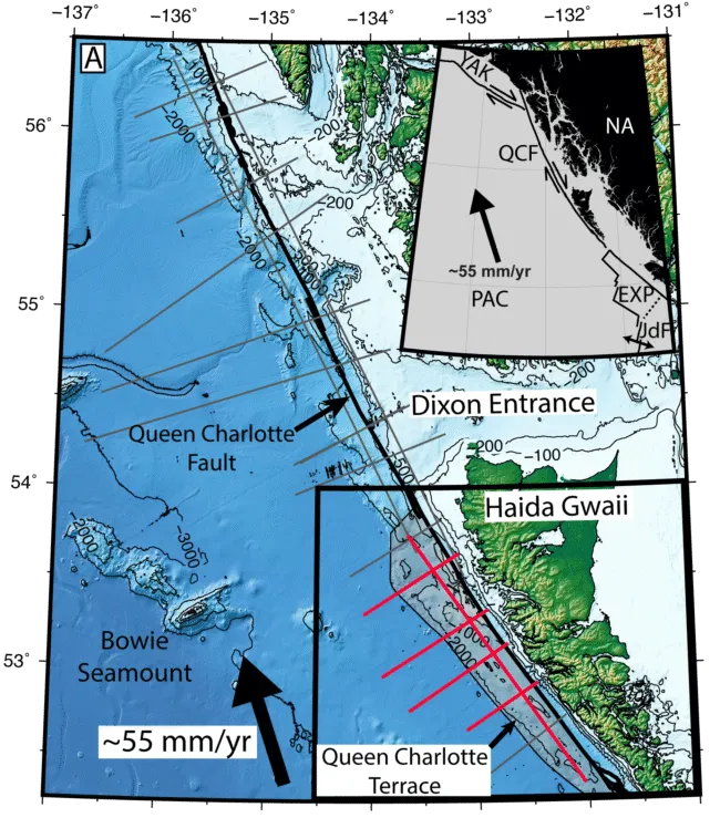 Map of the study area in question, showing the location of the Queen Charlotte Fault (QCF) in relation to the Pacific (PAC), North America (NA), Yakutat (YAK), Explorer (EXP) and Juan De Fuca (JdF) tectonic plates.