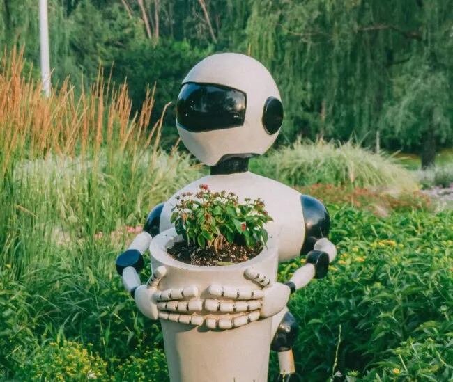 A photo of a robot holding flowers