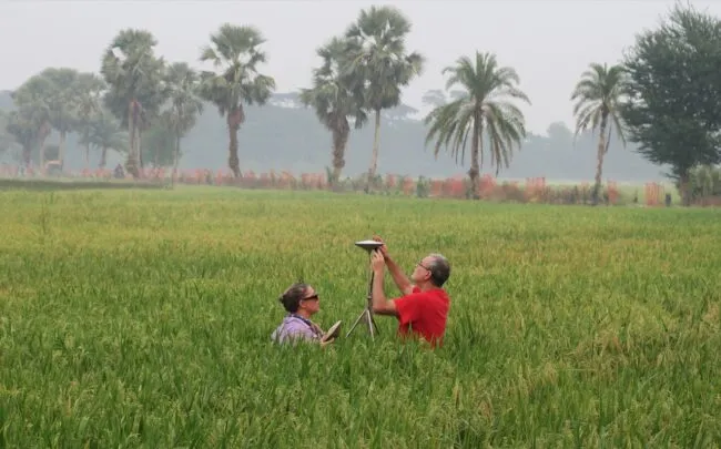 Mike Steckler and Carol Wilson working on equipment in a rice field