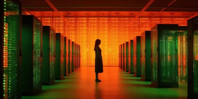 An AI generated image of a women standing by data banks in an AI data center