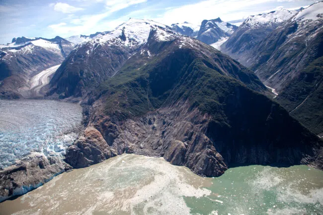 Aerial photo of the mountain where the runup resulted from last summer's landslide-triggered tsunami in Tracy Arm.