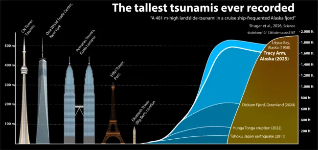 A graph showing the height of the Tracy Arm Fjord tsunami compared with other huge waves and some of the world's tallest buildings. 