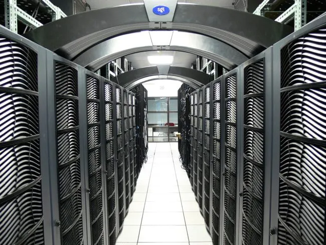 A photo showing large computer banks in a data center at Virginia Tech