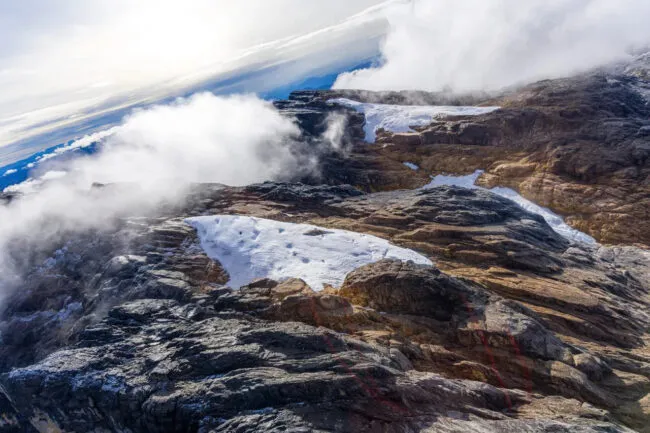 Aerial view of remaining glacial ice on Puncak Jaya, Papua.