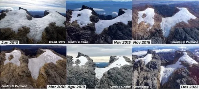 Images showing Puncak glacier decline between 2010 and 2022.