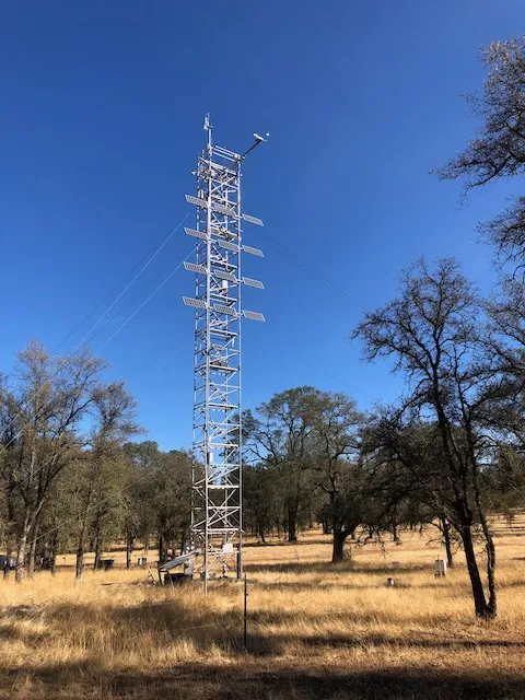 Tall metal tower in a grassy field with trees under a clear blue sky