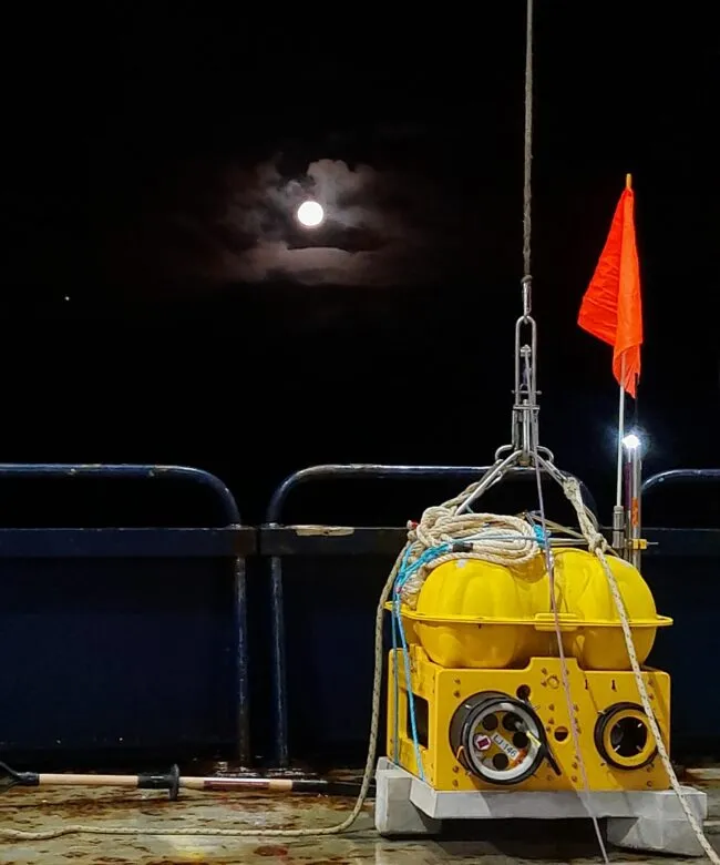 Ocean-bottom seismometer on deck, prepared to be deployed from ship