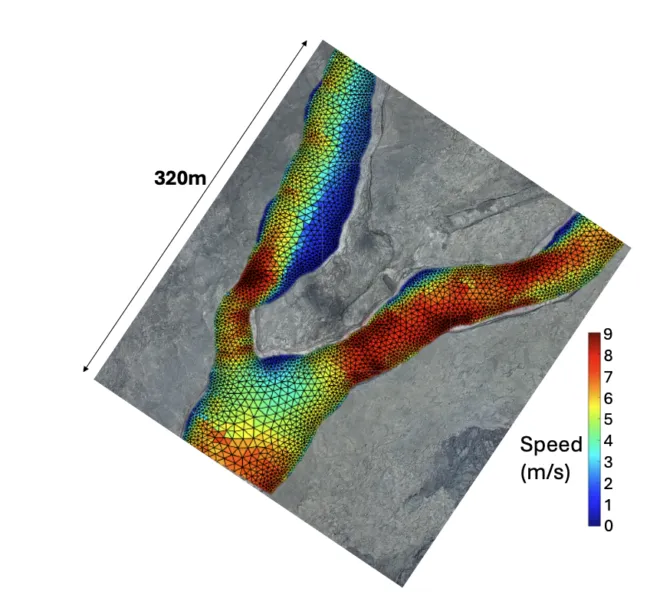 a color map that shows a section of lava flow. the colors represent the different flow velocities at different parts of the flow