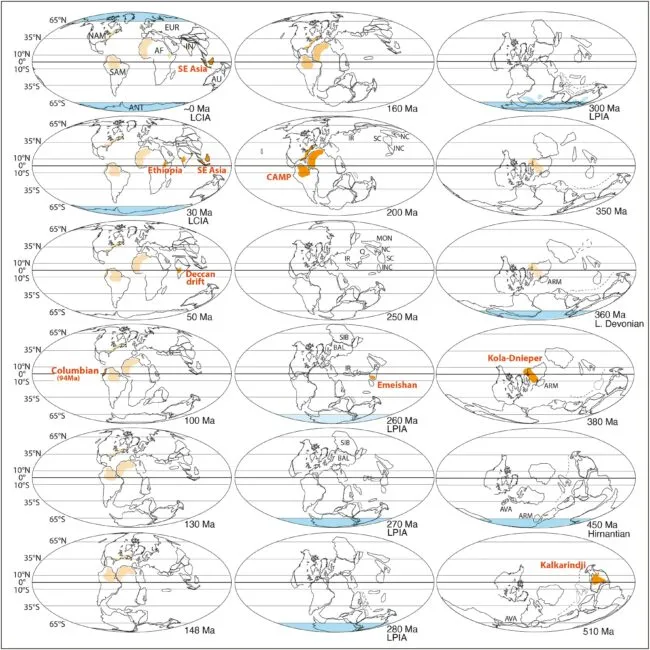 Eighteen of the 53 maps created by the authors show Earth’s shifting geography through time. Orange marks major volcanic regions near the equator; blue shows polar zones associated with major ice ages.