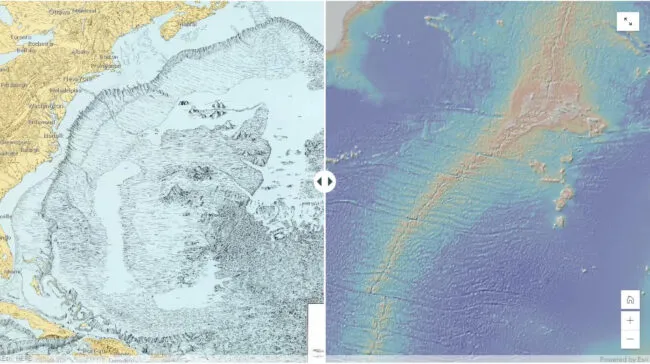 Two maps of the North Atlantic Physiographic Diagram [Heezen and Tharp, 1959] courtesy of Lamont-Doherty Earth Observatory and the estate of Marie Tharp (left), and the current Global Multi-Resolution Topography (GMRT) Synthesis actively curated at L