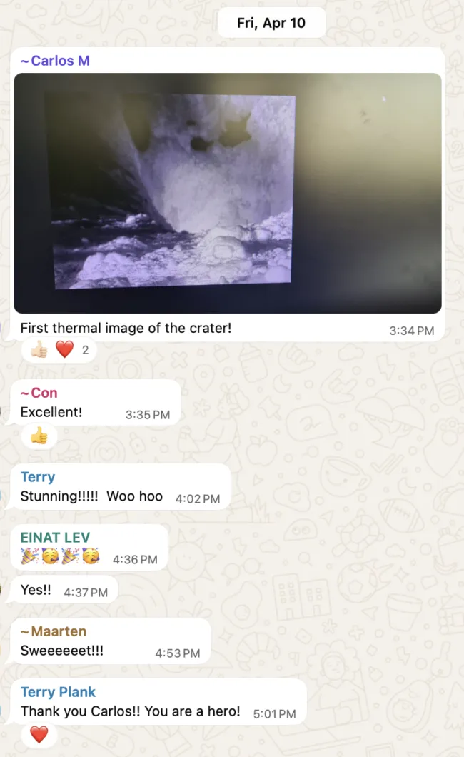 Team excitement in a group chat over the first thermal images of Villarrica's crater,  relayed from the mountain.