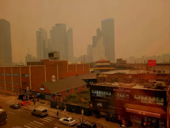 Buildings in the smoky NYC skyline