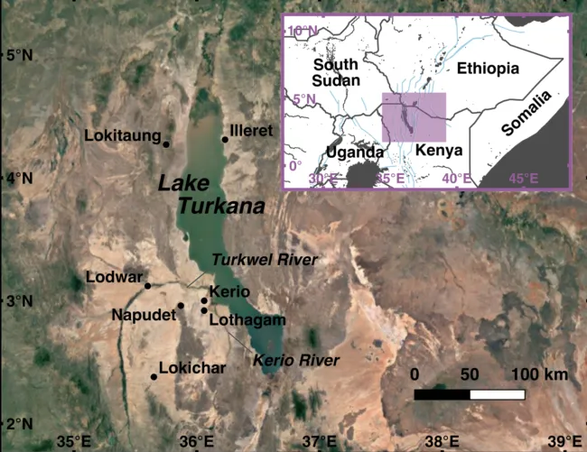 Google satellite imagery showingthe location of Napudet and other points ofinterest around Lake Turkana.