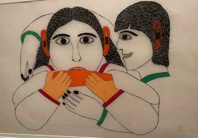 Stylized illustration of two people embracing, with the central figure holding an orange object