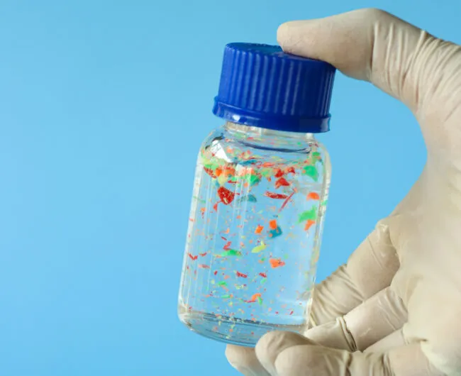 Microplastics in a test tube against a blue background 
