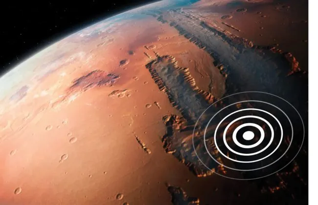 Photo of the surface of Mars, showing the Valles Marineris canyon system and location of the Marsquake