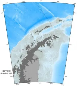 Stopped by sea ice, we sailed from the west coast of the peninsula to the east coast. The red dot marks our location as of Jan. 22.