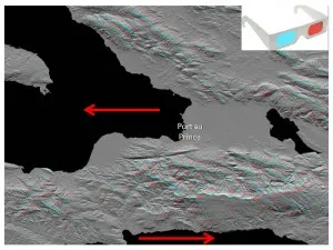 Radar image of the Port-au-Prince area. Red arrows show direction of movement of tectonic plates. (Jet Propulsion Laboratory) CLICK TO ENLARGE