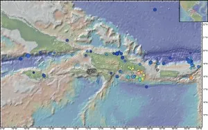 The Northern Caribbean has been hit by many quakes greater than magnitude 5 since 1964. Blue circles show the shallowest, within 25 kilometers of the surface. Gray circles show immediate aftershocks from the Jan. 12, 2010, quake.  (Geoffrey Abers/Lam