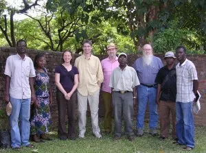 Earthquake responders in Karonga. Left to right: Charles Kankuzi and Loveness (MGSD), Donna Shillington and James Gaherty (LDEO), Walter Mooney (USGS), Winstone Kapanje (MGSD), Frederick Simon (USGS), Nathan and Patrick Chindandali (MGSD).