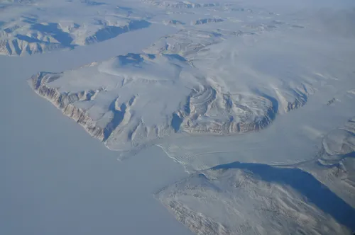 Tributaries of the Humboldt glacier in northwest Greenland. This massive glacier measures 100 km wide with a 91m high calving face along a front that releases massive icebergs.