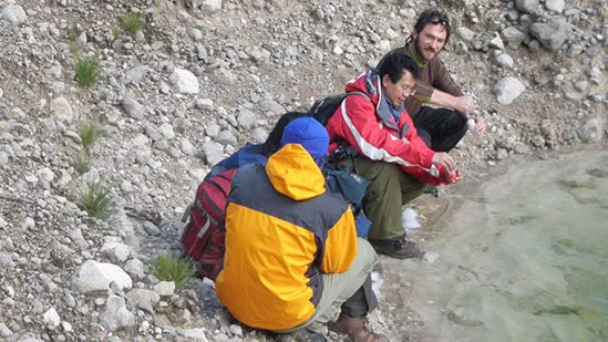 Water sampling, unnamed "Lake 1," closest to the mine on the way to the glaciers, elevation 3800 meters.