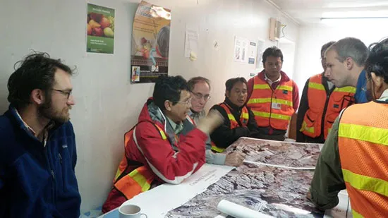Lonnie Thompson (right center) and I (left center) discuss strategic plans for efficiently combining ice coring, sediment sampling and installation of automatic weather stations. With us: staff from the Agency for Meteorology, Climatology and Geophys