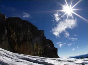 The warm morning sun beats down on these retreating glaciers.