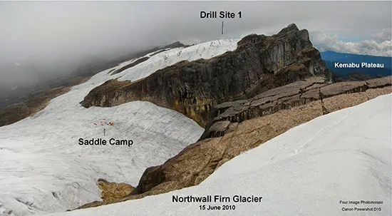 Lower left is our camp; those tiny orange dots are the tents. Our first drilling site, now done, is top center. (click to view enlargment). Four-photo mosaic panorama by Paul Warren, PT Freeport Indonesia.