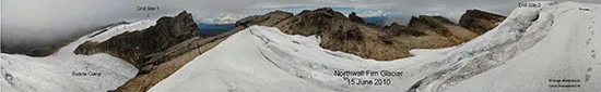 This shows our camp and first drill site (left) in context with the second planned drill site (right). Now you see why we can’t just hike over there with the equipment. (click to view enlargement). 13-image mosaic panorama by Paul Warren, PT Freepo