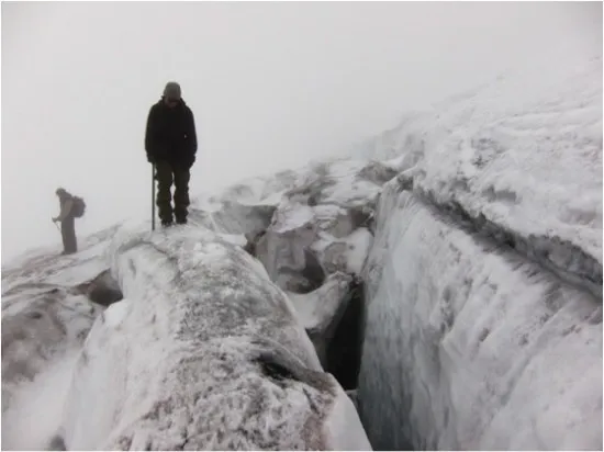 On the way back to our camp, the crevasses require careful steps