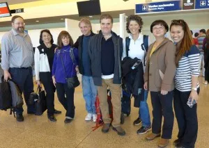 The Columbia University Delegation sets out from Ushuaia: Art Lerner-Lam, Eva Lerner-Lam, Lori Charkey, Mark Becker, Julian St. George Sproule, Margie Turrin, Xiaojun Yuan, and Antarctic Forum representative Adriane Tang.