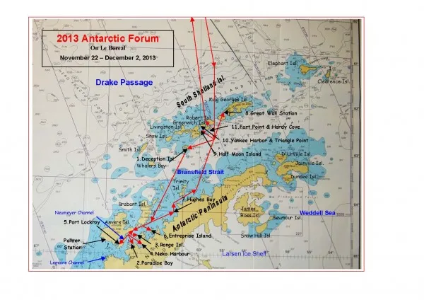 Map of the Antarctic Forum voyage to Antarctica 11/22-12/2/13 (created by Steve Barten)