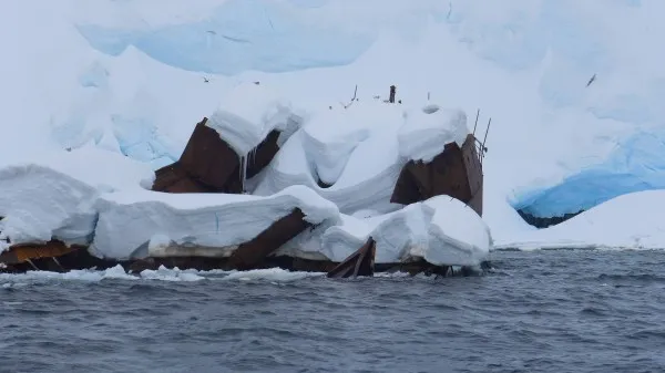 Remains of the Norwegian Ship Governoren, a whaling vessel that caught fire 9 days after Shackleton's ship was locked in ice in 1915. It rests in Foyn Harbour at Enterprise Island. All 85 members of the crew lived. (Photo M. Turrin) 
