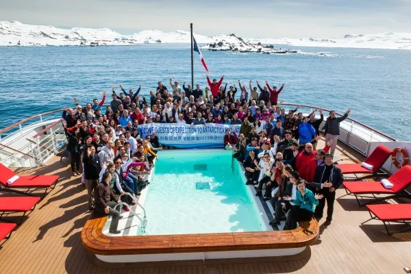 Group shot of the Antarctic Forum and crew of Le Boreal. (Ship photographer)