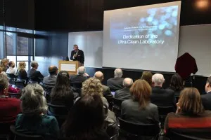 Columbia University's Executive Vice President for Research, Michael Purdy, addresses the audience at Lamont-Doherty's Ultra Clean Laboratory dedication.