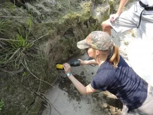 One of the students collecting a sample for OSL dating for her research while we visited  the char on the Brahmaputra River.