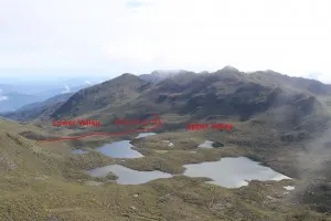 A 60-foot drop-off separates the upper and lower valleys in this picture.  The lip may represent the retreat of a large glacier that once filled lower Valle de Las Morrenas. 