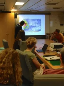 Chief Scientist Dr. Thierry Moutin explains our cruise trajectory for the next week. New mission: avoid the impending tropical cyclone.