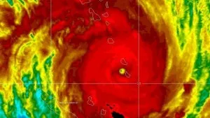 NASA satellite imagery shows the eye of Cyclone Pam just northwest of the island of Aneityum. (Image credit: NASA)